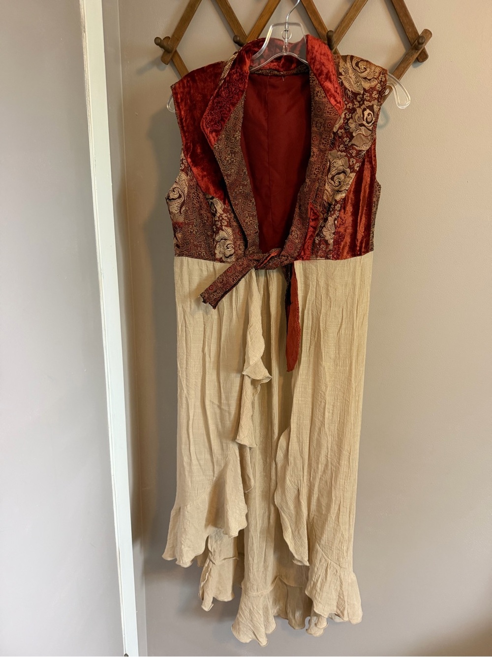 Boho Patchwork Tapestry Velvet Tie Front High Low Duster Rust Beige OS